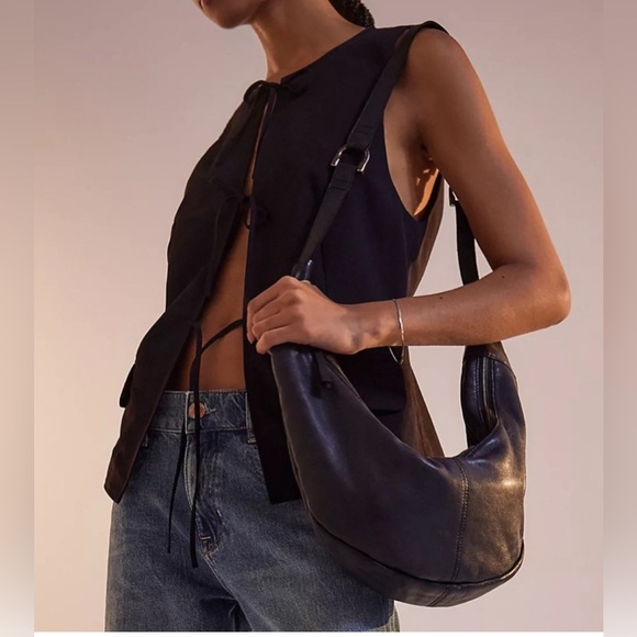 Free People Idle Sling Slouchy 100% Leather Bag, Black - Picture 1 of 7